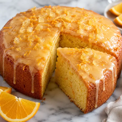 Orange ginger cake with citrus glaze and candied ginger on top