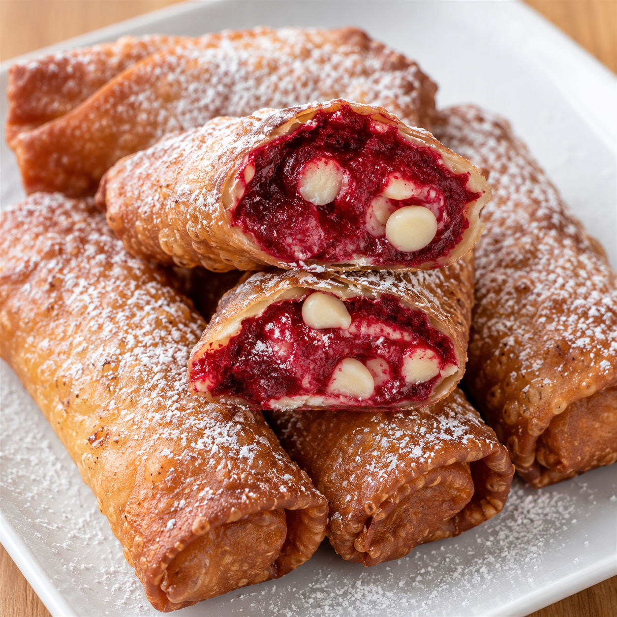 Red velvet cheesecake egg rolls dusted with powdered sugar on a white plate