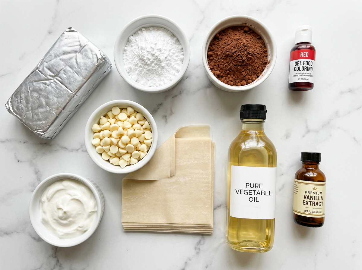 Ingredients for red velvet cheesecake egg rolls on a marble surface