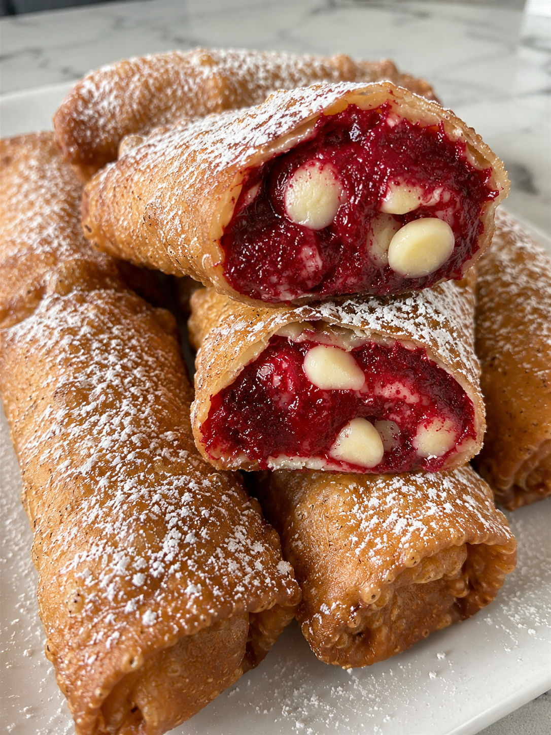 Delightful Red Velvet Cheesecake Egg Rolls, plated and served