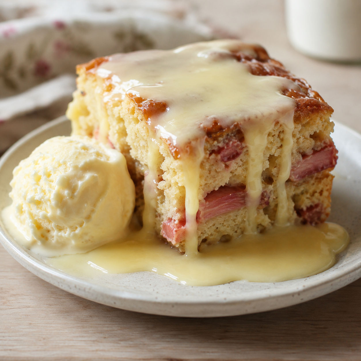 Warm rhubarb cake with butter sauce and vanilla ice cream
