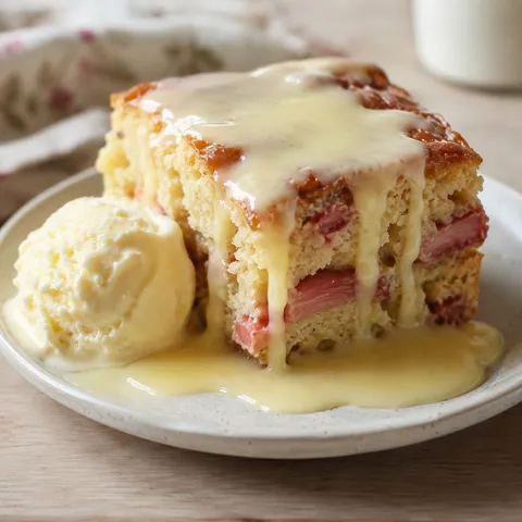Warm rhubarb cake with butter sauce and vanilla ice cream