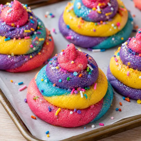 Rainbow unicorn poop cookies with sprinkles and edible glitter on parchment