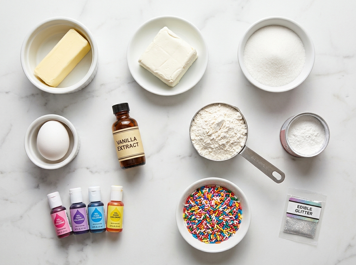 Raw ingredients for rainbow unicorn poop cookies on a wooden board