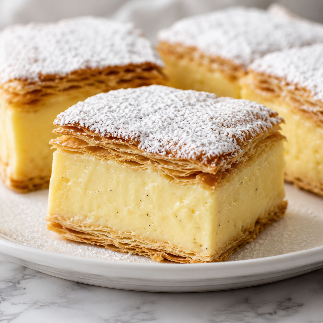 Vanilla custard cream squares with puff pastry and powdered sugar