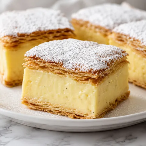 Vanilla custard cream squares with puff pastry and powdered sugar