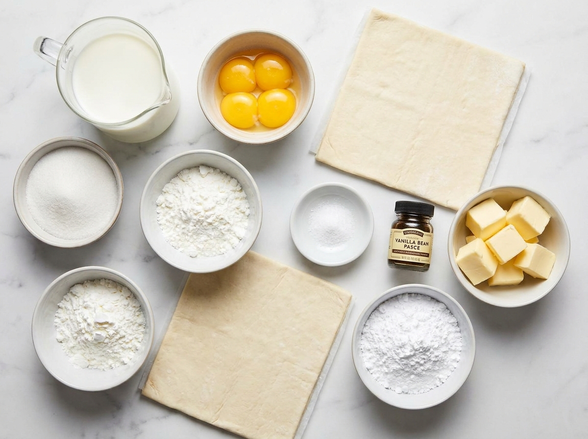 Ingredients for vanilla custard puff pastry squares on marble