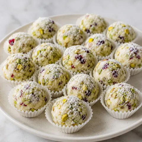 White chocolate truffles with cranberries, pistachios, and powdered sugar