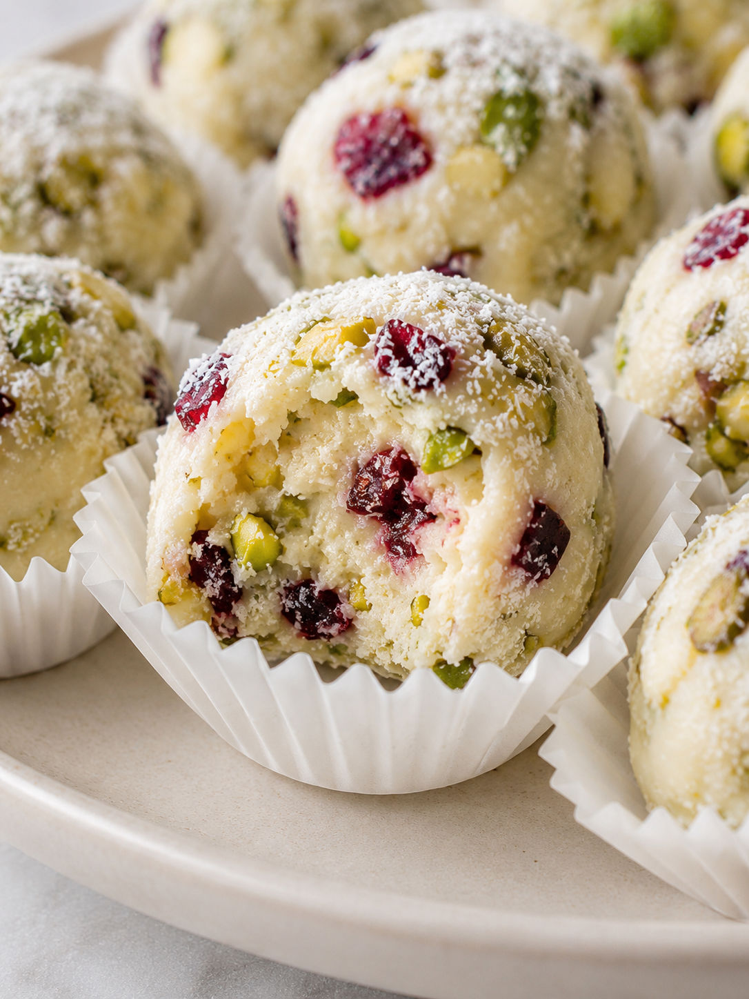 Delightful White Chocolate Truffles with Cranberries and Pistachios, plated and served