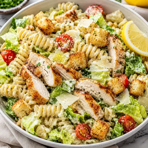 Chicken Caesar pasta salad with romaine, croutons, tomatoes, and Parmesan