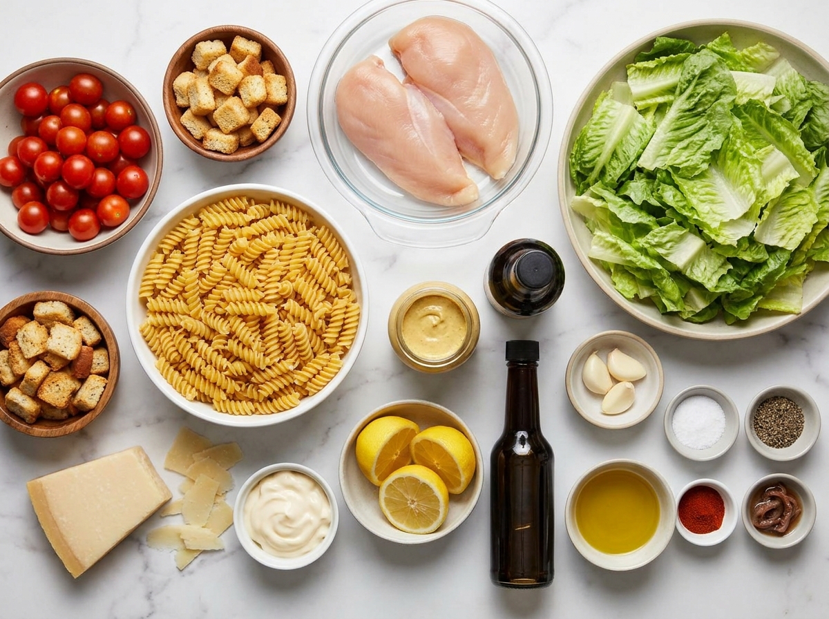 Ingredients for chicken Caesar pasta salad with romaine and Parmesan