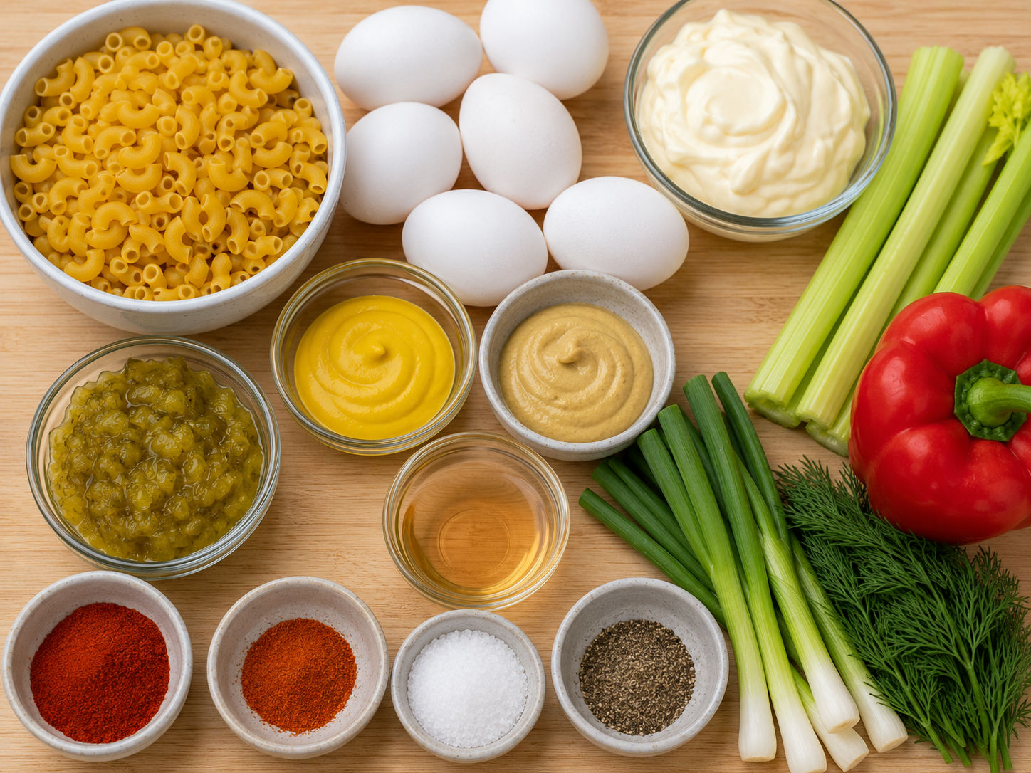 Ingredients for Deviled Egg Macaroni Salad with eggs, pasta, relish, and dill