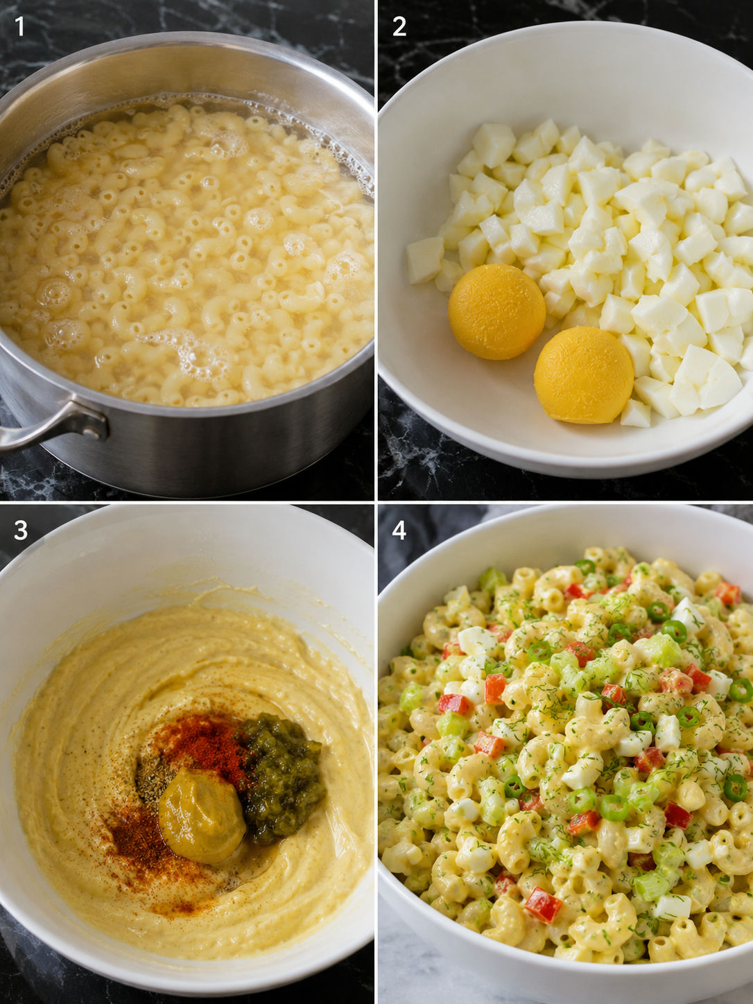 Steps for making Deviled Egg Macaroni Salad with pasta, eggs, and dressing