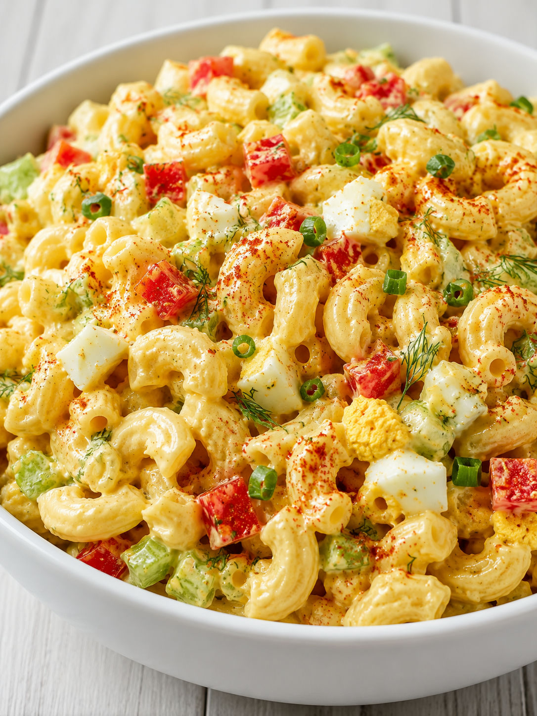 Creamy Deviled Egg Macaroni Salad in a white bowl with dill and paprika