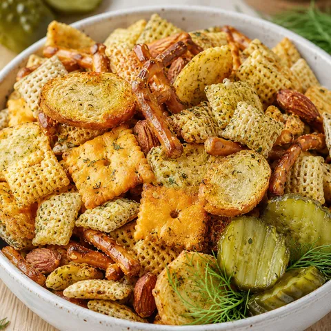 Dill Pickle Chex Mix in a white bowl with dill and pickle slices