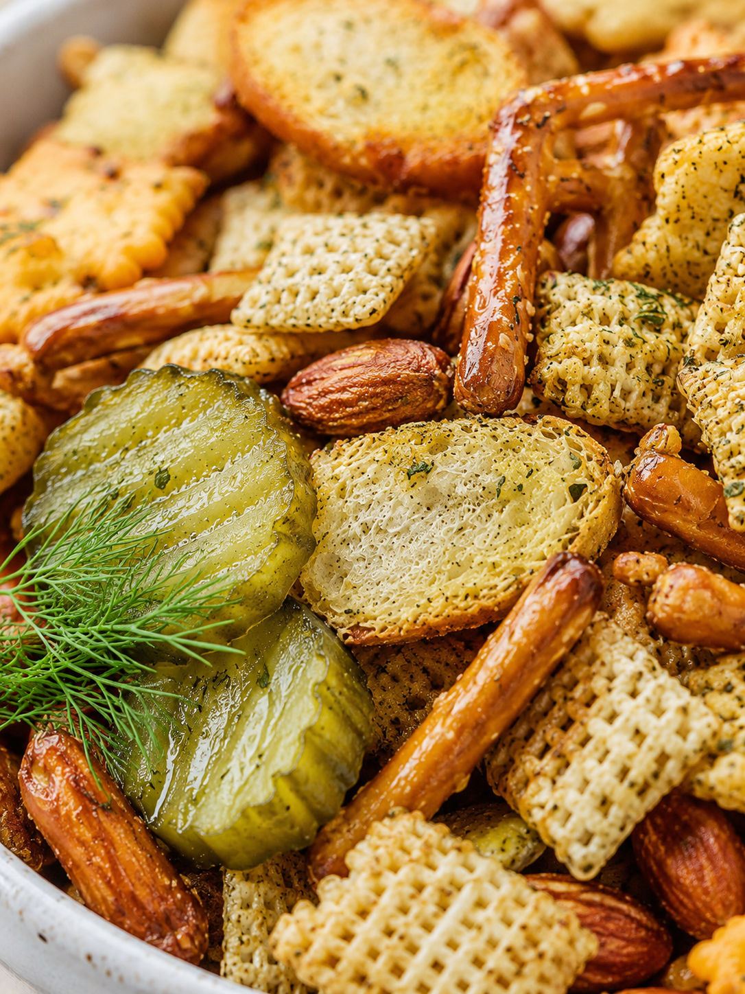 Dill Pickle Chex Mix, plated and served