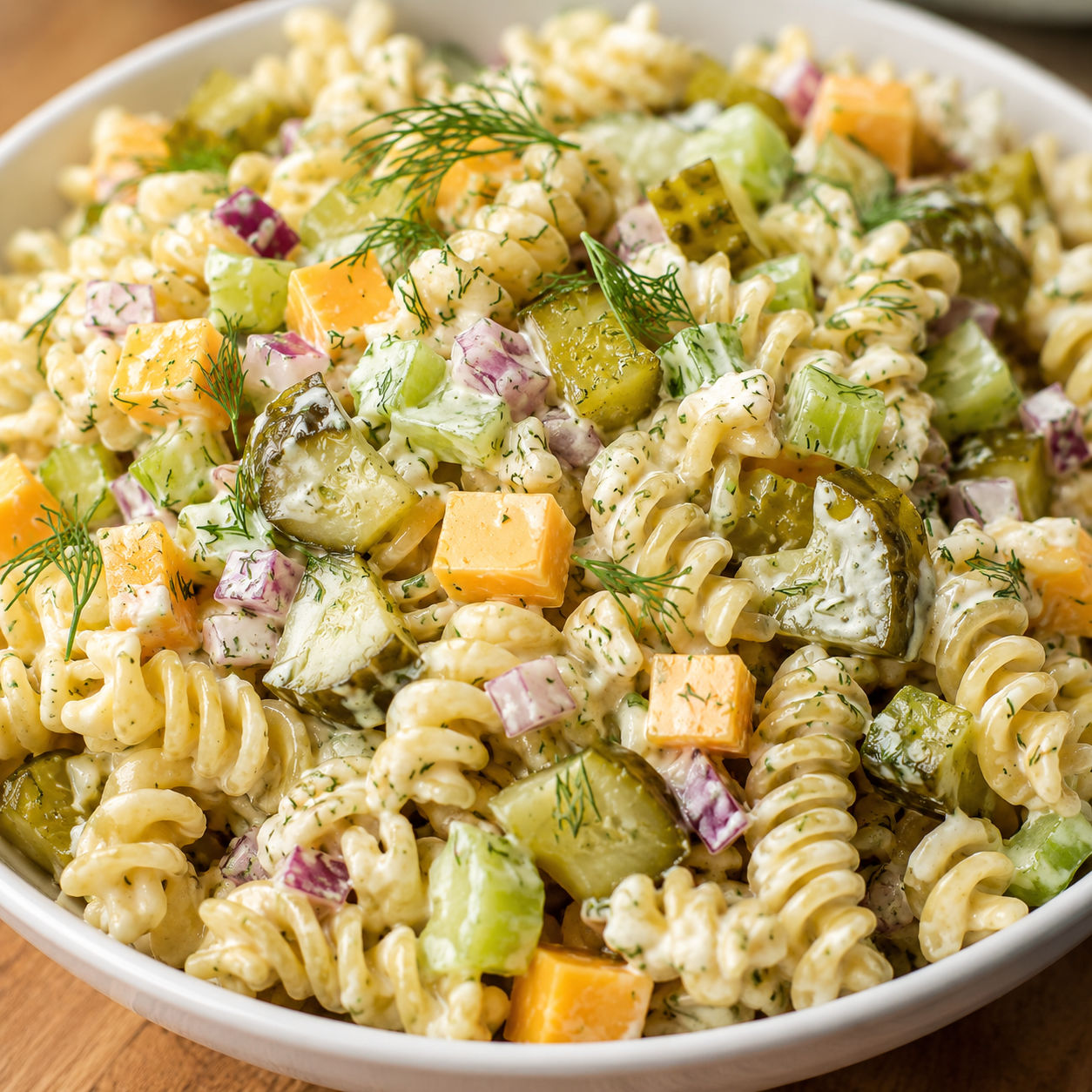 Dill pickle pasta salad with cheddar cubes, pickles, and fresh dill