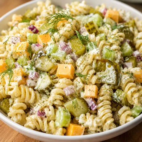 Dill pickle pasta salad with cheddar cubes, pickles, and fresh dill
