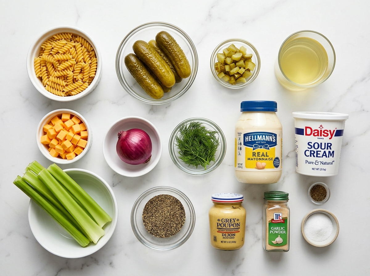 Ingredients for dill pickle pasta salad with rotini, pickles, cheddar, and dill