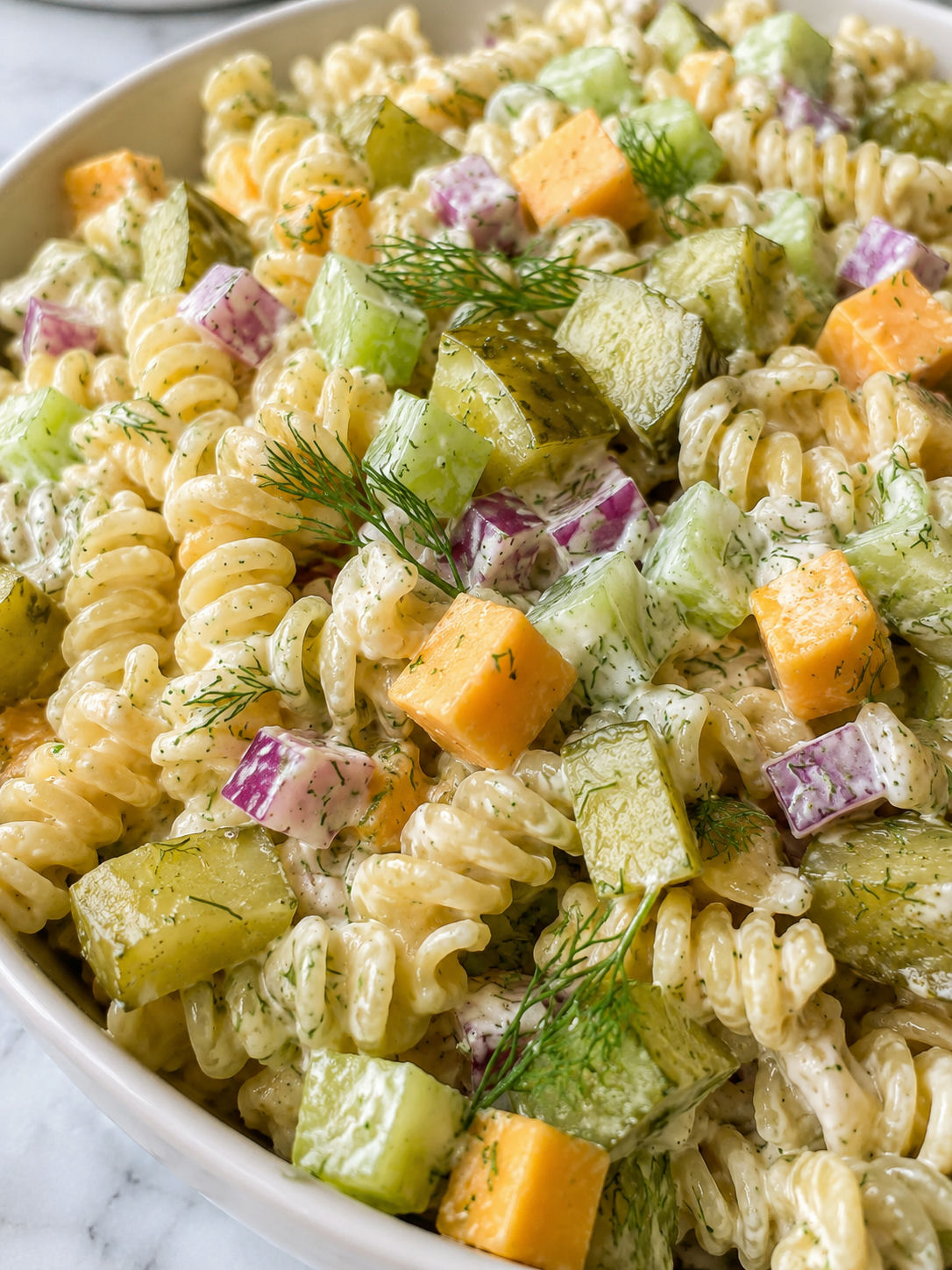 Dill Pickle Pasta Salad, plated and served