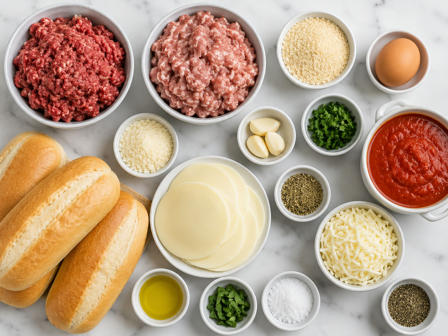 Ingredients for meatball subs with marinara, rolls, cheese, and herbs