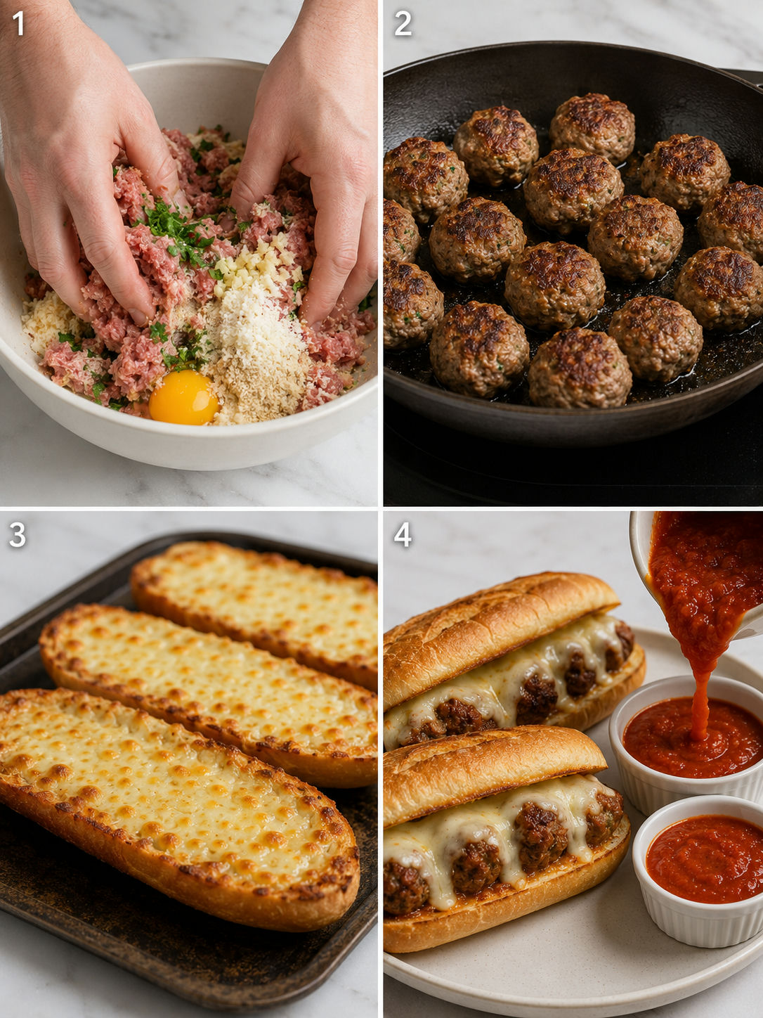 Four cooking steps for meatball subs with marinara dipping sauce