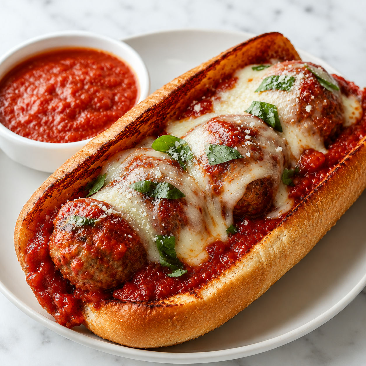 Toasted meatball sub dipped into extra marinara with melted cheese
