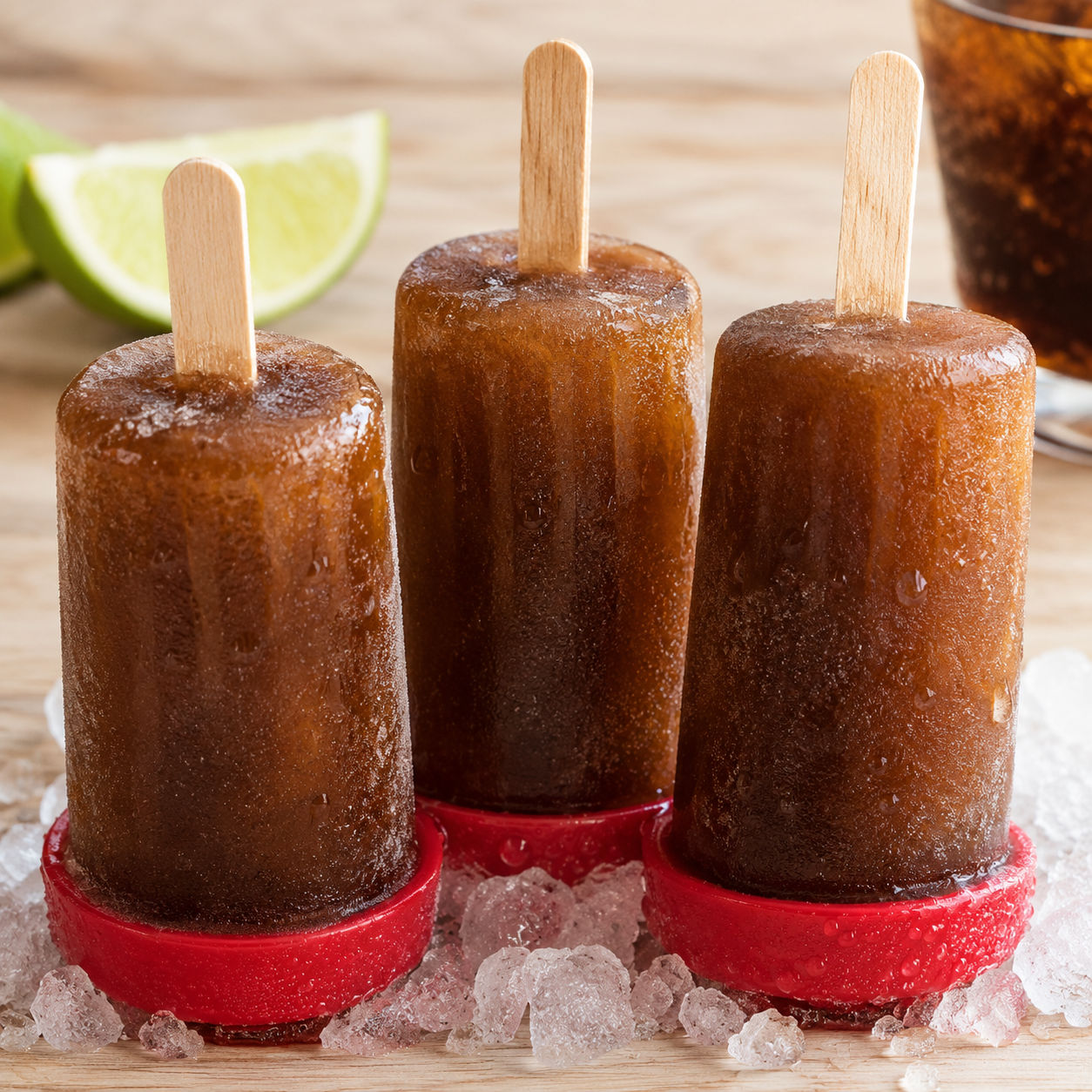 Dirty Pirate cola popsicles with lime on a light wooden surface