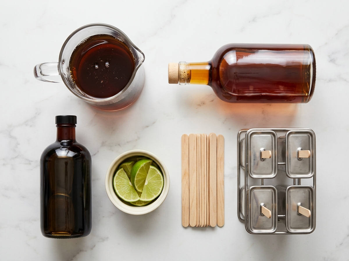 Flat cola, rum, coffee liqueur, lime, sticks, and popsicle molds