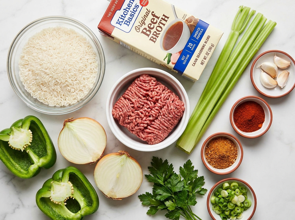 Raw ingredients for dirty rice with ground beef arranged on a marble surface