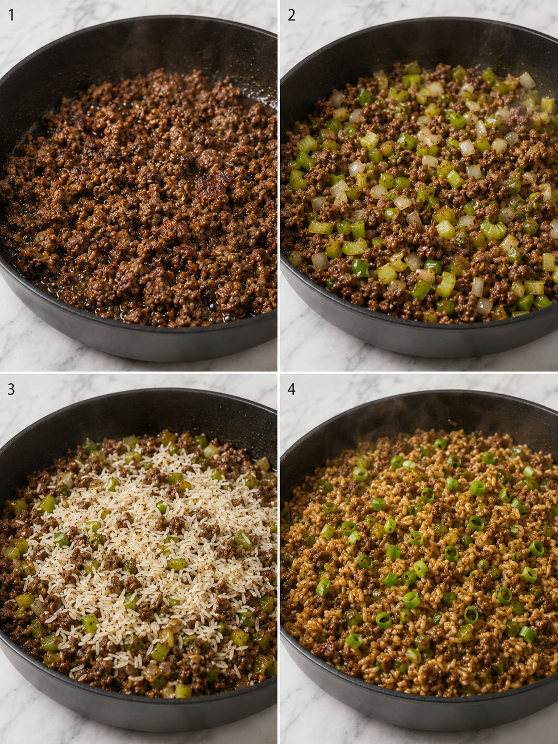 Four cooking steps for dirty rice: browning beef, sauteing vegetables, adding rice, and fluffing the finished dish