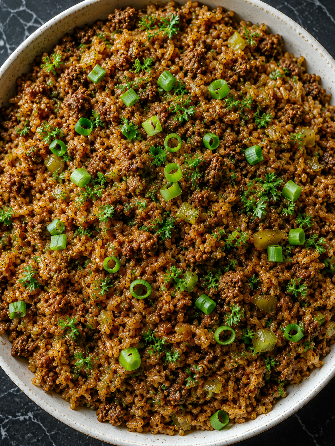 Overhead view of dirty rice with ground beef with green onions and parsley