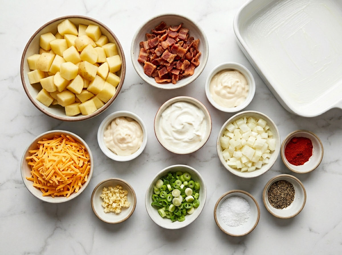 Ingredients for Mississippi Mud Potatoes with potatoes, bacon, cheddar, and onions