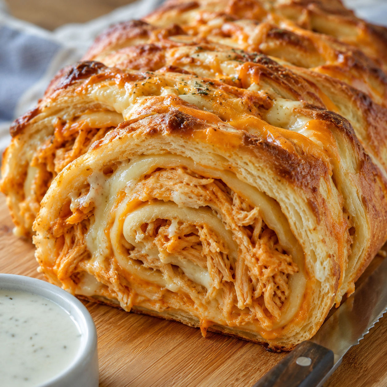 Sliced buffalo chicken garbage bread showing cheesy spiral filling on a wooden board