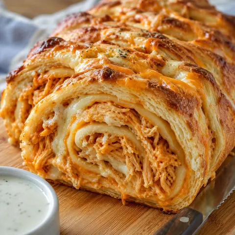 Sliced buffalo chicken garbage bread showing cheesy spiral filling on a wooden board