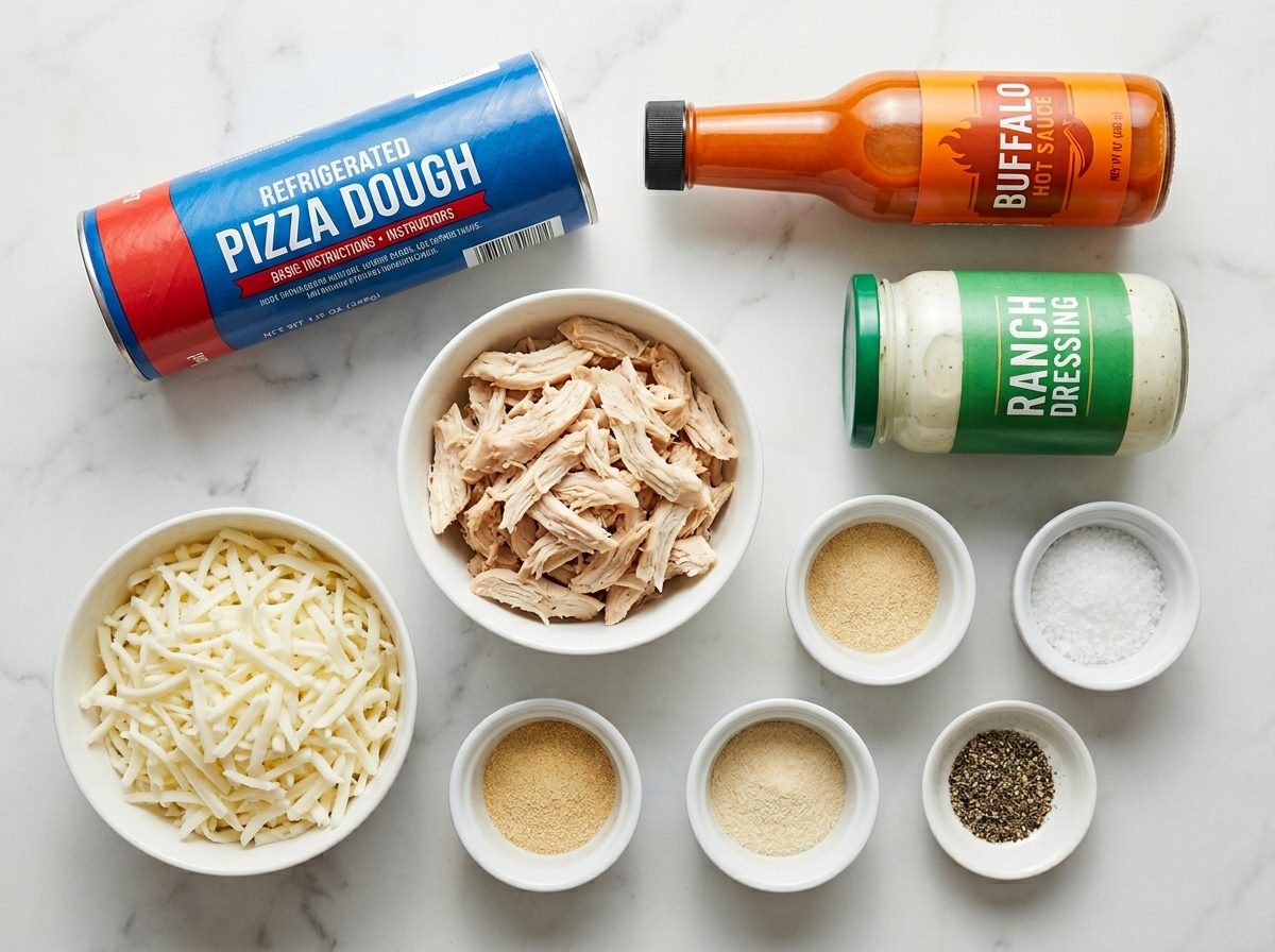 Raw ingredients for buffalo chicken garbage bread on a wooden surface