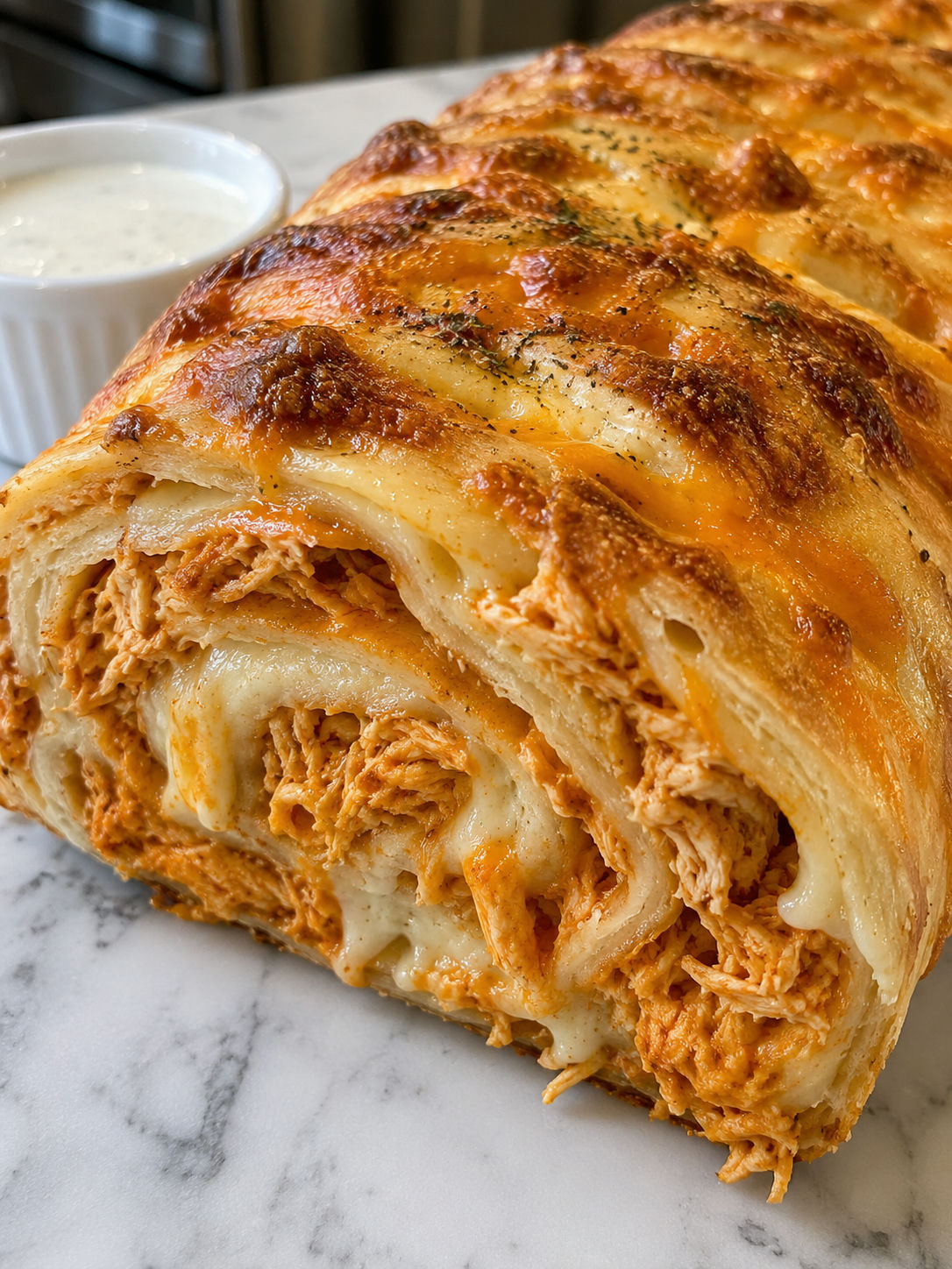 Discover The Ultimate Comfort Food: Buffalo Chicken Garbage Bread, plated and served
