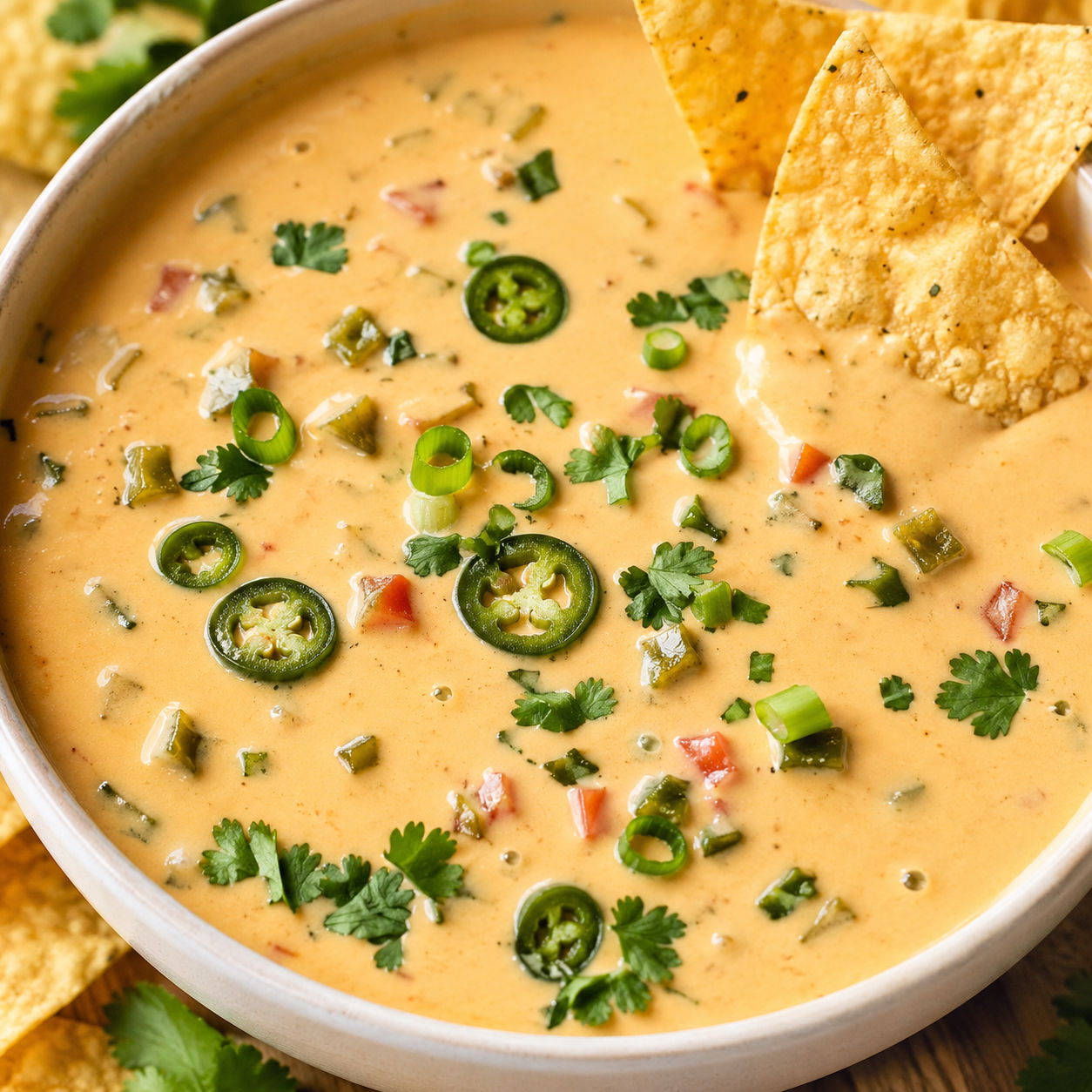 Warm creamy queso dip with jalapeños, cilantro, scallions, and tortilla chips