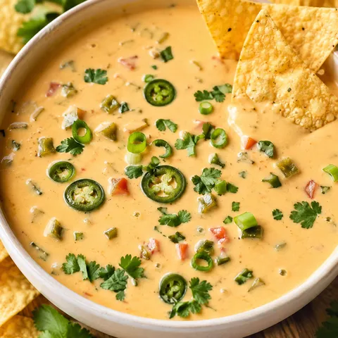 Warm creamy queso dip with jalapeños, cilantro, scallions, and tortilla chips