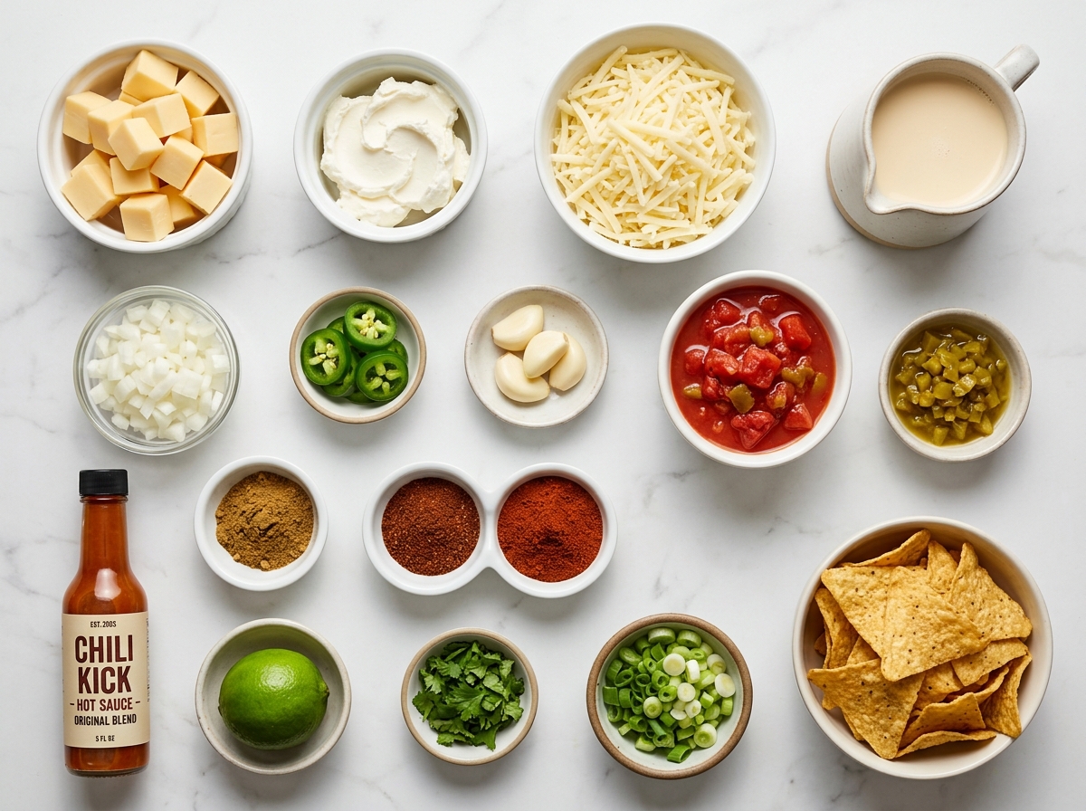 Ingredients for creamy queso dip with cheeses, chiles, lime, herbs, and chips