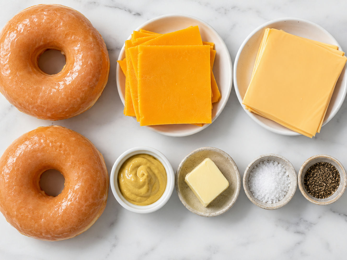 Glazed donuts, cheddar, American cheese, Dijon, butter, salt and pepper