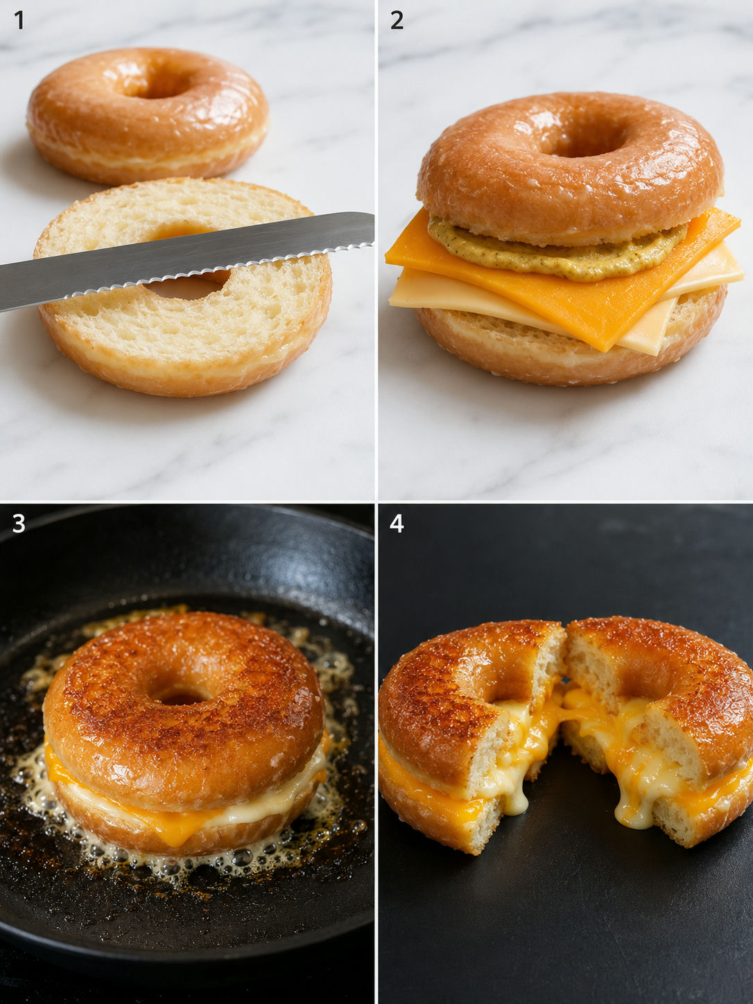 Four steps for making donut grilled cheese from slicing to melted cheese
