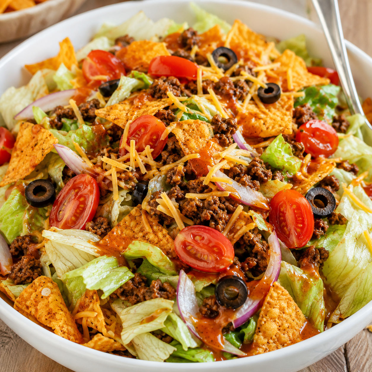Dorito taco salad with beef, cheddar, tomatoes, olives, and crunchy chips