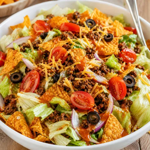 Dorito taco salad with beef, cheddar, tomatoes, olives, and crunchy chips