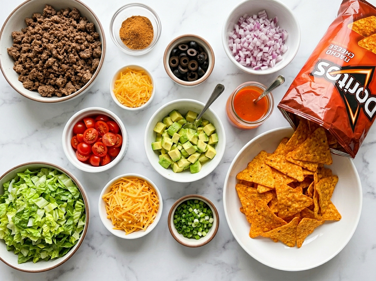 Ingredients for Dorito taco salad with beef, lettuce, cheese, and chips