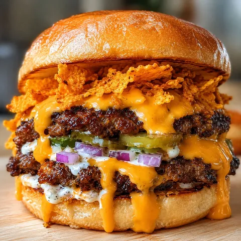 Doritos BBQ ranch smash burger with cheddar sauce and crushed chips