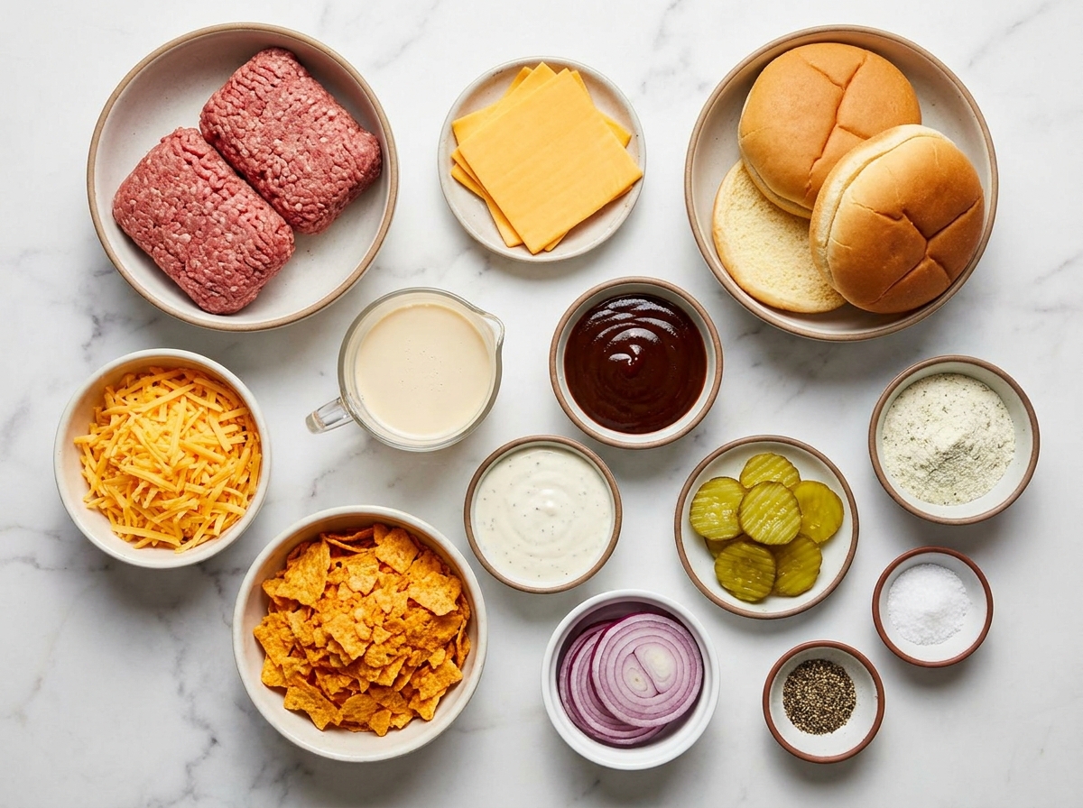 Ingredients for Doritos BBQ ranch smash burgers on a wooden counter