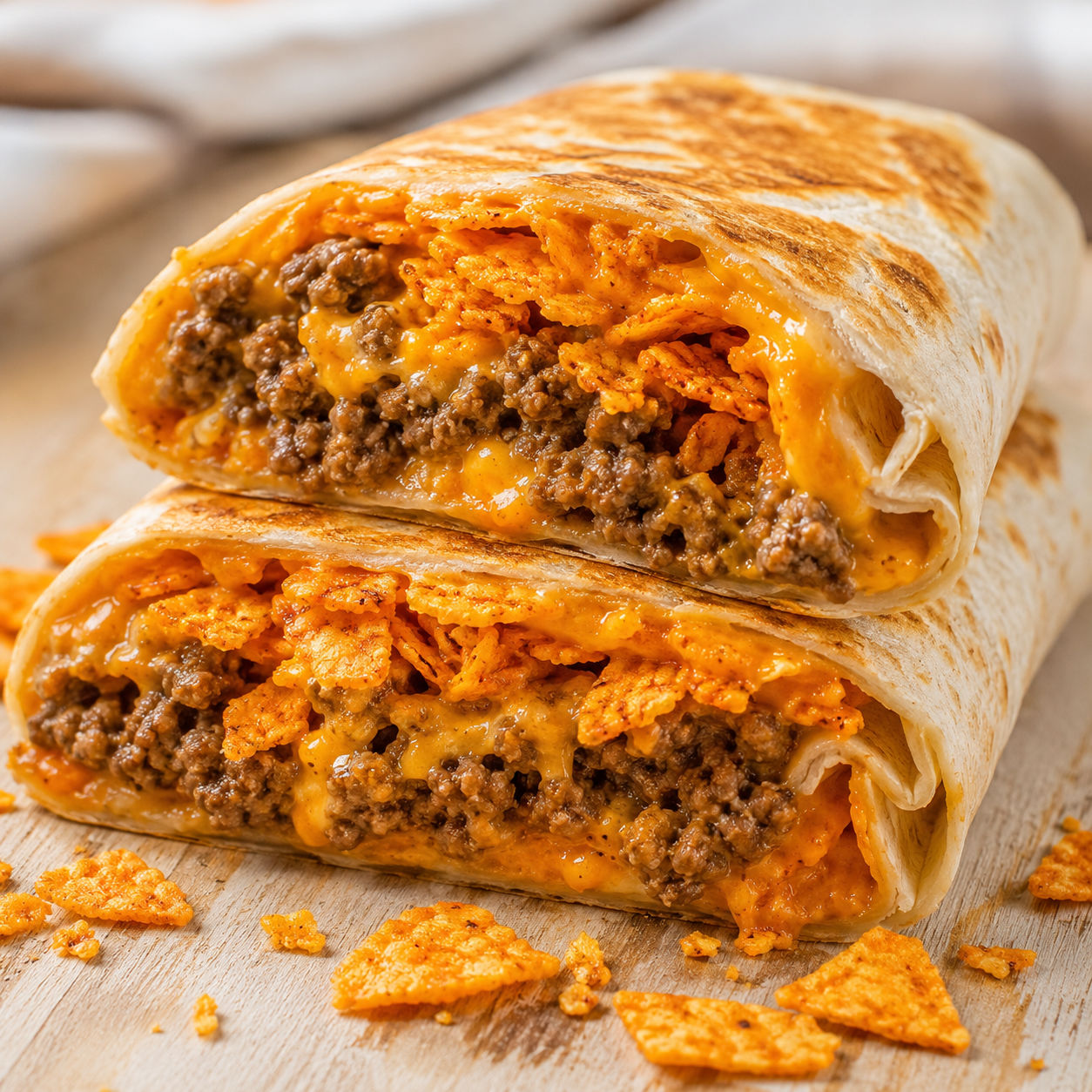 Toasted Doritos beef nacho wraps cut in half showing cheesy beef filling