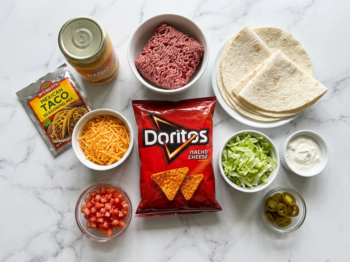 Raw ingredients for Doritos beef nacho wraps on a wooden counter