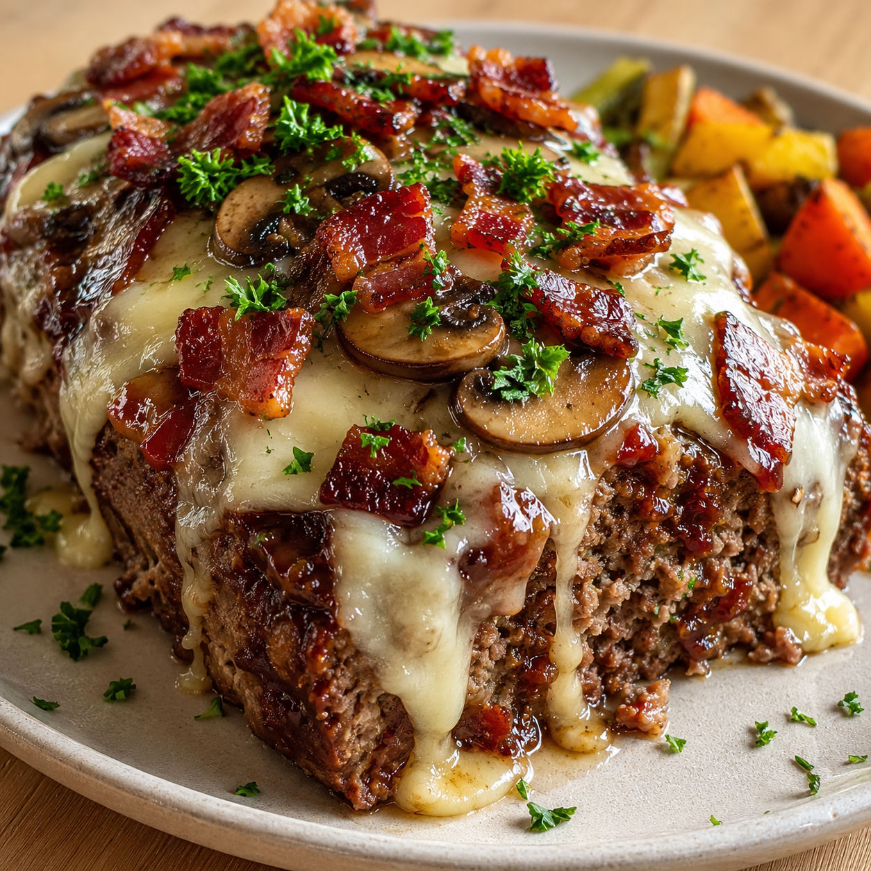 Bacon Swiss mushroom beef meatloaf with melted cheese and parsley